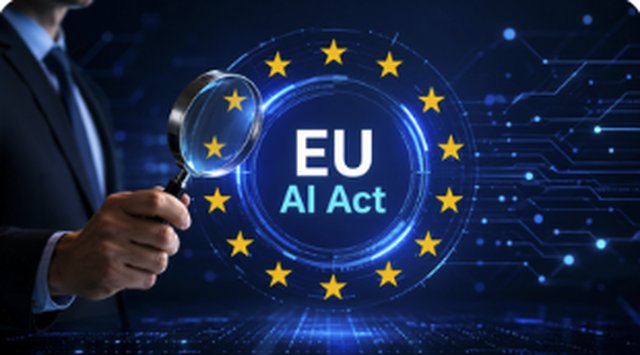 Kurs-Titelbild EU AI Act für Mitarbeiter: Person im Anzug hält eine Lupe vor einen leuchtenden Sternenkreis mit dem Schriftzug EU AI Act (KI-generiert)