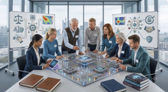 Kurs-Titelbild Generative KI in der Praxis: Team am Besprechungstisch um eine holografische Darstellung, im Hintergrund Whiteboards mit Diagrammen (KI-generiert)