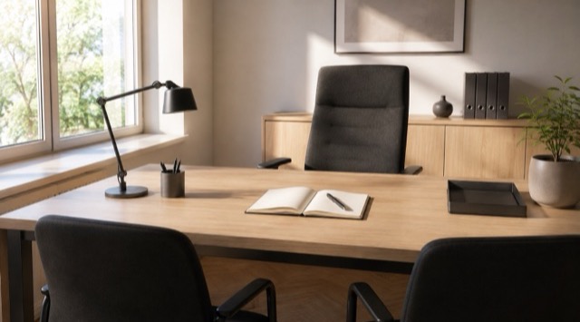 Kurs-Titelbild KI für Führungskräfte: Schreibtisch mit aufgeschlagenem Notizbuch und Stift, davor zwei leere Besucherstühle (KI-generiert)
