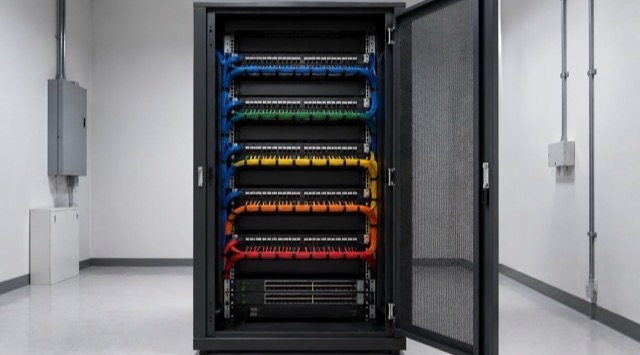 Kurs-Titelbild KI in IT und Entwicklung: geöffneter Netzwerkschrank mit sorgfältig verlegten farbigen Patchkabeln (KI-generiert)