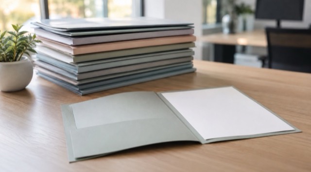Kurs-Titelbild KI im Personalwesen: Stapel geschlossener Bewerbungsmappen auf einem Schreibtisch, davor eine einzelne aufgeschlagene Mappe (KI-generiert)