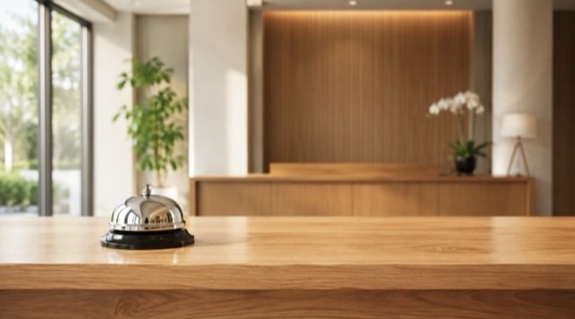 Kurs-Titelbild KI in Vertrieb und Kundenservice: Servicetresen aus Holz mit einer silbernen Tischglocke, dahinter ein heller Empfangsbereich (KI-generiert)