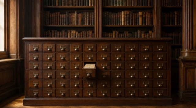 Kurs-Titelbild Wissen für KI-Agenten - RAG und Wissensgraphen: alter hölzerner Zettelkatalogschrank vor Bücherregalen, eine Schublade steht offen (KI-generiert)